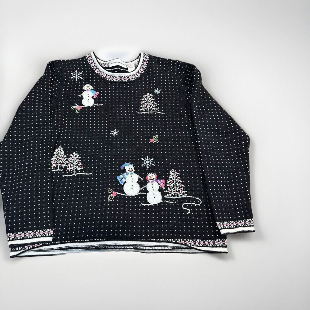Vtg Alfred Dunner Snowman Christmas Sweater Pullover Black Women's Medium‎ Flaw